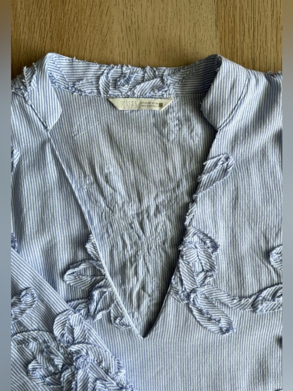 Zara Embroidered Floral Blue Stripe Blouse XS Cotton Boho - Picture 11 of 15